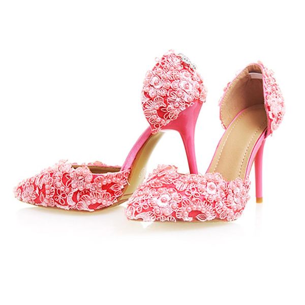 

high heels wedding shoes woman pumps crystal pearl lace decor stiletto bridal pink pointed toe party ladies dress, Black