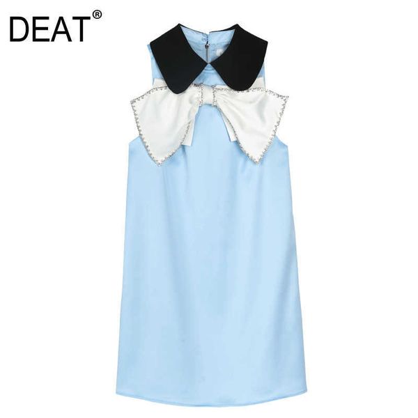 

[deat] summer fashion doll collar diamonding bow sleeveless splicing loose elegant dress women 13q082 210527, Black;gray
