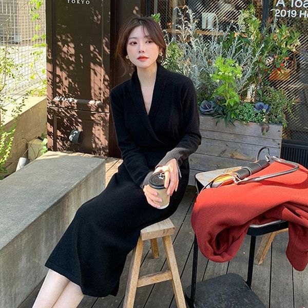 

women autumn winter vintage sweater dress ladies v-neck long sleeve knitted vestido female casual loose a-line dresses g131, Black;gray