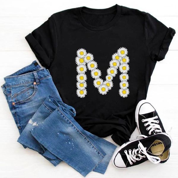 

26 english alphabet daisy flower womens print harajuku girl short sleeve t female ulzzang clothes, White