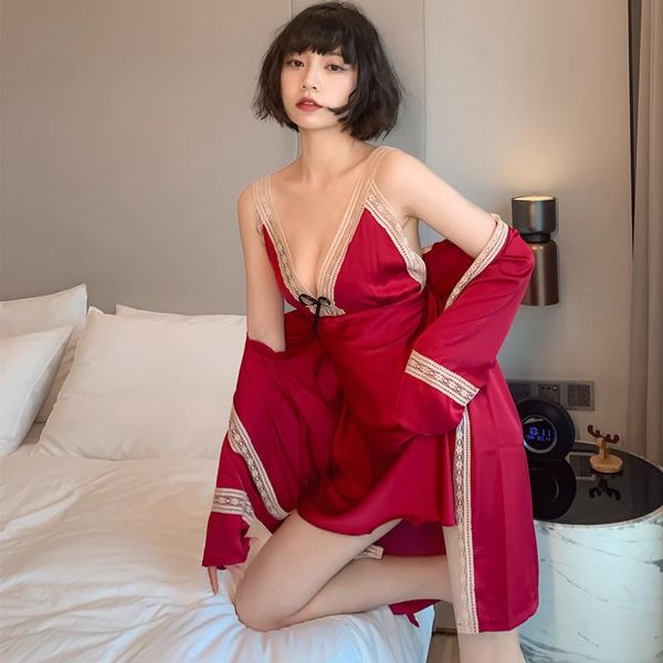 

women's sleepwear home service lace breast pad suspender nightgown nightdress 2pcs female summer pajamas silky pijamas women, Black;red