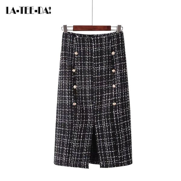 

skirts ltd1198328 2021 striped knee knitted women high waist lady back zipper package hip front split buttons vestidos, Black