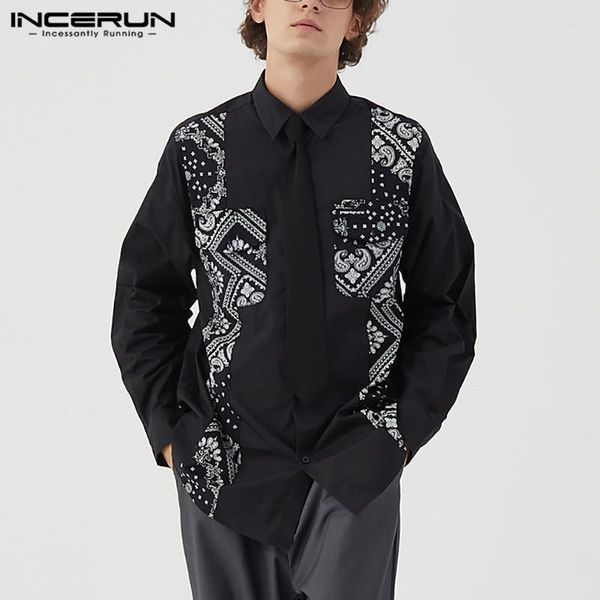 

spring men casual shirt lapel print patchwork long sleeve camisa masculina streetwear button fashion brand shirts s-5xl incerun men's, White;black