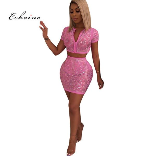 

echoine fashion women 2 piece set diamonds v-neck zippers short sleeve crop mini skirts suits female clothes women's two pants, White