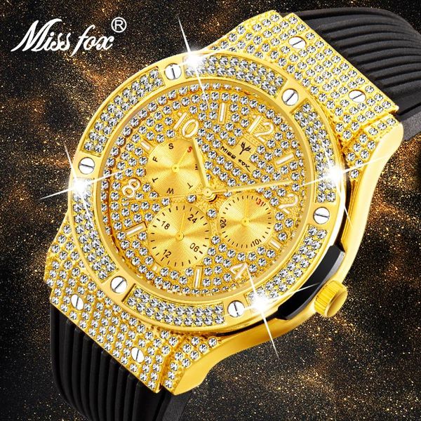 

wristwatches missfox 2021 full bling diamond men's watches iced out premium rubber strap watch for men quartz gold date clock relogio, Slivery;brown