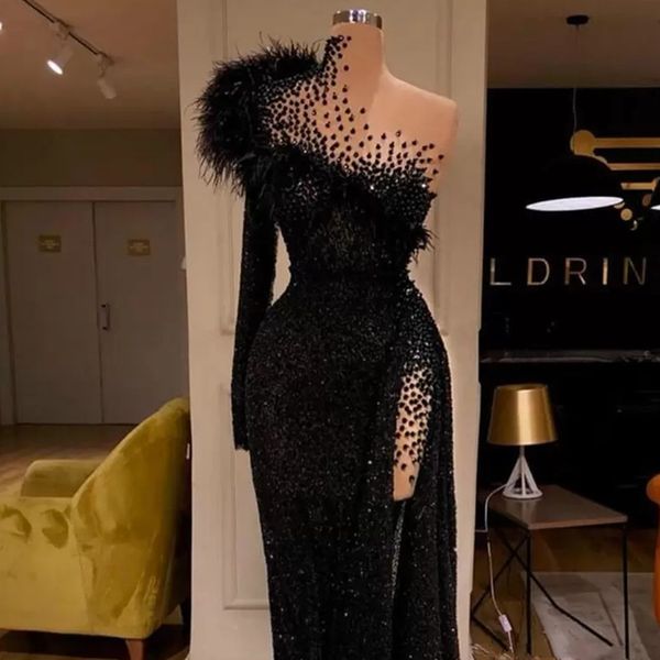 

luxury chic evening dresses glitter sequins feather beads ruffles luxury formal prom dress custom made sweep train long party gown, Black;red