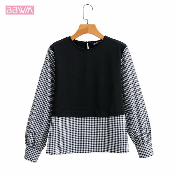 

korean casual stitching plaid round neck chic female sweater harajuku thin fake two-piece long-sleeved women's sweater 210507, White