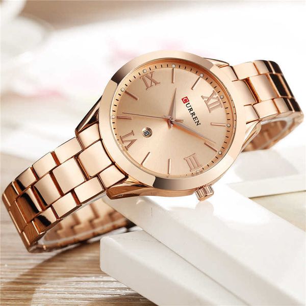 Curren Women Relógios Top Marca Luxo Gold Senhoras Assista Aço Inoxidável Banda Clássico Pulseira Clock Feminino Relogio Feminino 9007 210616