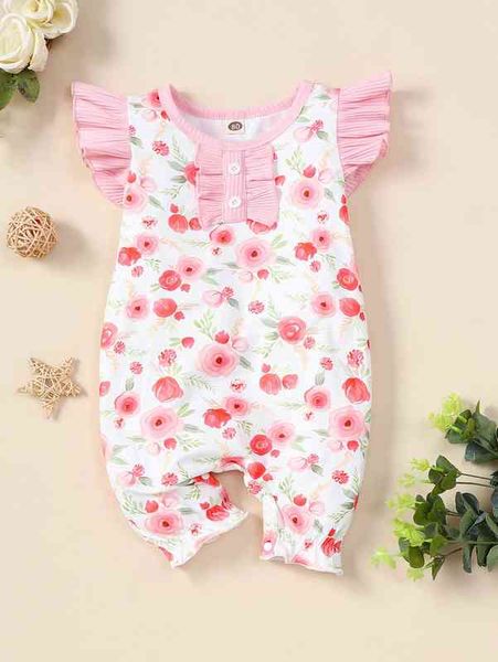 

baby floral print ruffle trim romper she, Blue