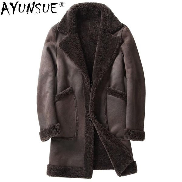 

men's leather & faux ayunsue casual 100% real sheep shearling coat male winter 2021 hooded warm wool jackets clothing chaquetas hombre, Black