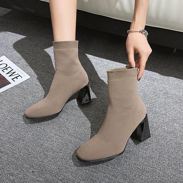 

boots sock heels women metal high heel elastic ankle shoes 2021 autumn winter short booties lady black haki