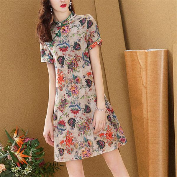 

retro improved cheongsam loose womens dresses elegant embroidery chinese stand collar flower short sleeve s mini for, Black;gray