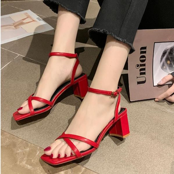 

sandals 2021 ladies red women gladiator thick heel open-toed elegant woman party dancing shoes zapatos mujer, Black