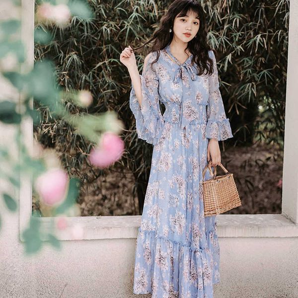 

arrival runway women's elegant chiffon printed ruffled french sweet elastic waist long dress female vestido 210529, Black;gray