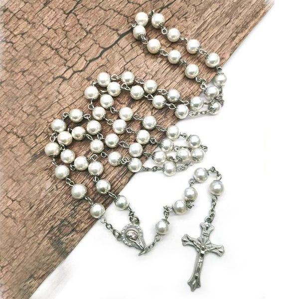 

pendant necklaces catholic rosary metal and pearl beads necklace jewelry religious bead blessed virgin mary with jesus cross, Silver
