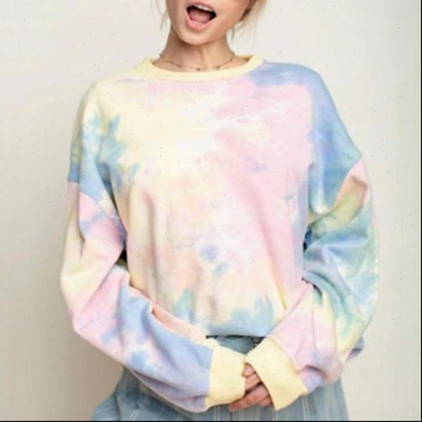 

pastel tie dye long sleeve women hoodie pullover casual crewneck, Black