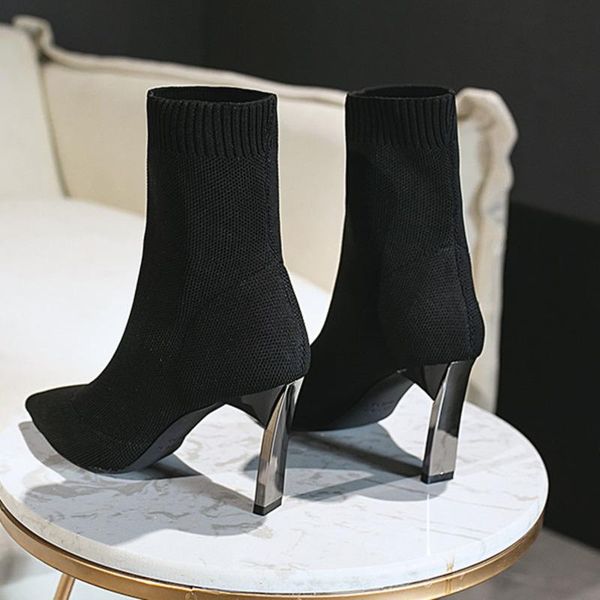 

boots women shoes 2021 fashion spring autumn high heels sock ladies stretch elastic soft pointed toe ankle woman work, Black