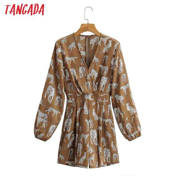 Mulheres Vintage V Neck Animal Playsuits Manga Longa Macacões Senhoras Casuais Chic Jumpsuits 1F62 210416