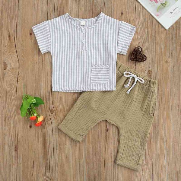 

0-3y summer casual toddler baby boys outfits suit striped t shirts cotton linen elastic pants 2pcs infant baby sets, White