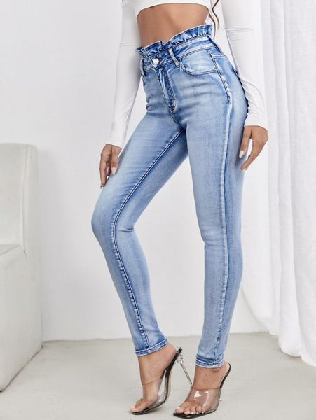 

high stretch paper bag waist skinny jeans r3xq#, Blue