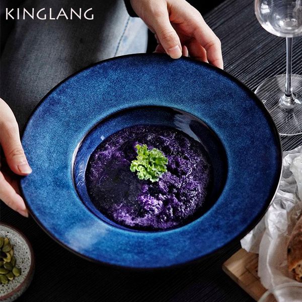 

kinglang klin glazed pasta plate, ceramic salad bowl, retro soup plate,4 colors 2 sizes options canteen dish el tableware bowls