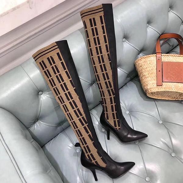 

luxury 2021 outdoor fashion women's knitted socks boots 9.5cm thigh high breathable elastic pointed toe short heel, Black