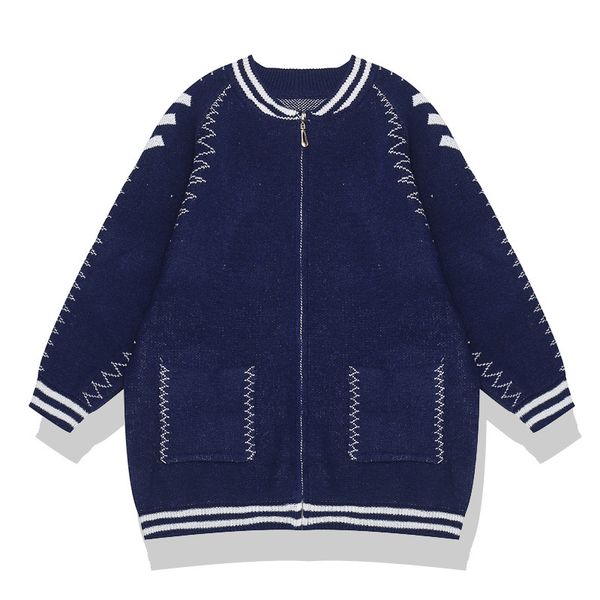 

women navy apricot red patchwork embroidery zipper pocket knitted loose long sweater cardigans crewneck coat m0119 210514, White