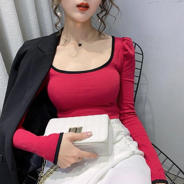 

women's t-shirt puff sleeve crop cross square collar t shirt women cotton elastic basic t-shirts female casual patchwork short, White