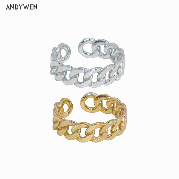 

cluster rings andywen 925 sterling silver gold chain resizable geometric irregular round women fashion fine jewelry crystal twist, Golden;silver