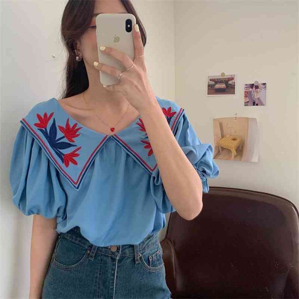

comelsummer korean elegant doll collar shirt women lapel puff sleeve loose retro floral embroidery blouses 210515, White