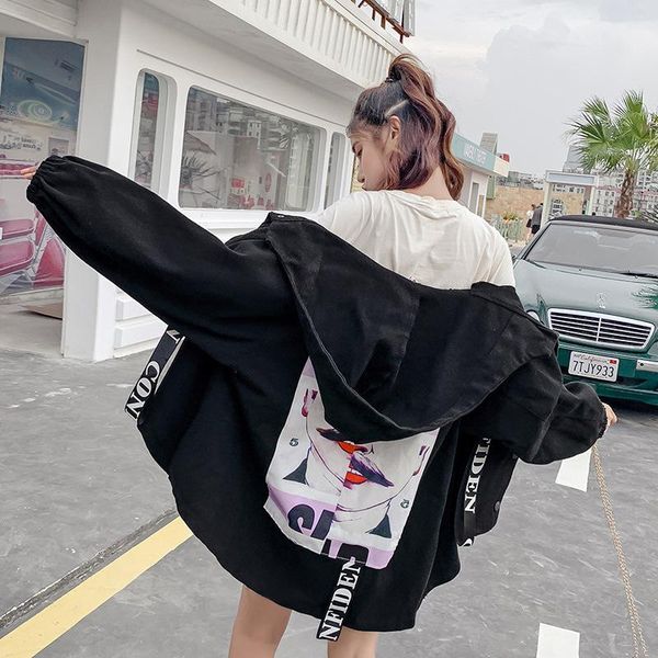 

women's jackets 2021 harajuku loose black autumn denim jacket women chaqueta mujer staggered printing streetwear clothes, Black;brown