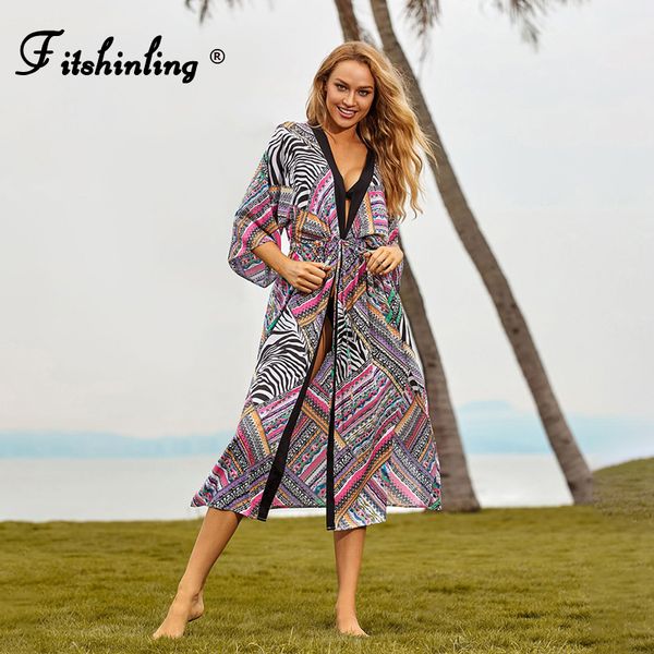

fitshinling vintage bohemian kimono swimwear 2021 beach cover-up summer slim holiday long cardigan bikini outing wear sale