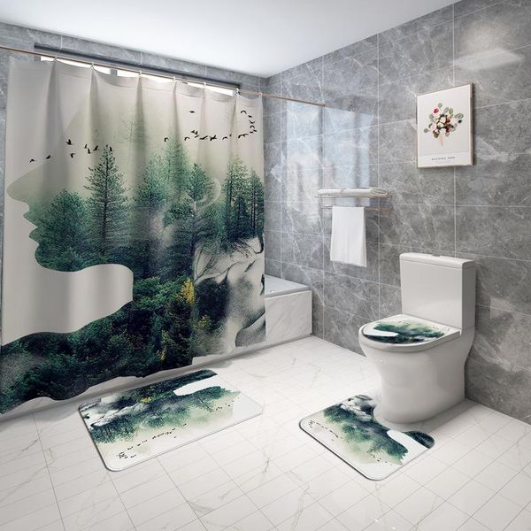 

europe style bath mats set printed bathroom rug toilet seat cover shower room carpet non-slip waterproof curtain
