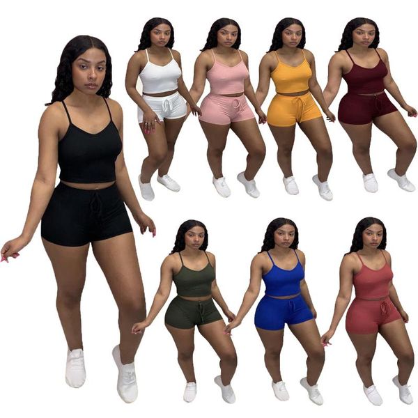 

women's tracksuits zaggin 2021 autumn fashion casual solid 8-color spaghetti-strap sets camisole shorts 2-piece women hollow out, Gray