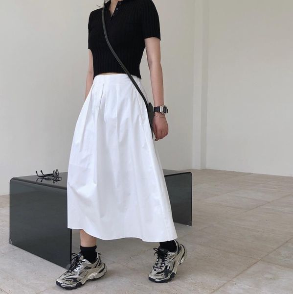 

skirts 2021 women a-line vintage high waist zipper solid loose tutu black/white jupe femme saias mujer