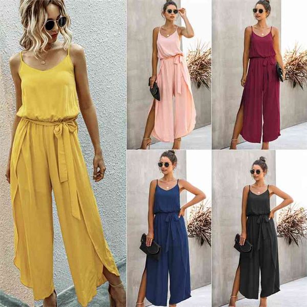 Mulheres largo perna jumpsuit casual sling v pescoço lace lace up split split romper romper alto cintura alta algodão solto geral 210517