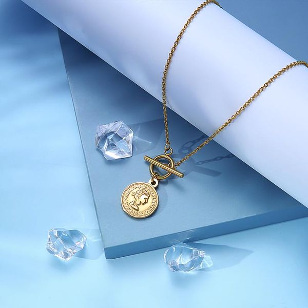 

pendant necklaces vintage coin necklace for women stainless steel toggle metal elizabeth medallion choker jewelry collier, Silver