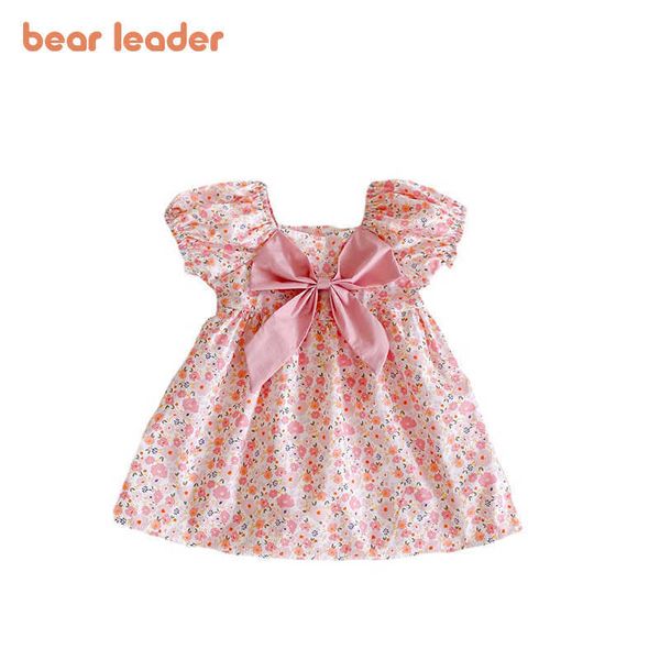 Urso Líder Meninas Bonito Bow Vestidos Crianças Feriado Coreano Doce Trajes Crianças Princesa Sólida Vestidos Criança Floral Roupas 210708