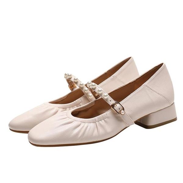 

dress shoes vintage style square toe single soft leather women loafers thick low heel ladies pumps pearl decoration, Black