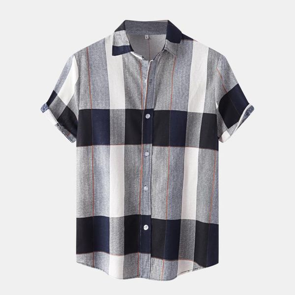 

men's casual shirts feitong blouse cotton shirt patchwork contrast plaid short sleeve turndown collar handsome men, White;black