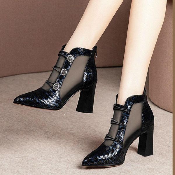 

boots spring mesh sandals women pointed toes high heeled summer heels square heel shoes woman hollow out female blue grey, Black