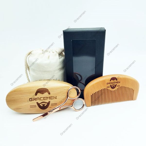 

moq 100 sets oem custom logo beard care kit with oval beards brush & hair peach wood comb and triming scissors in customized bag box for men, Silver