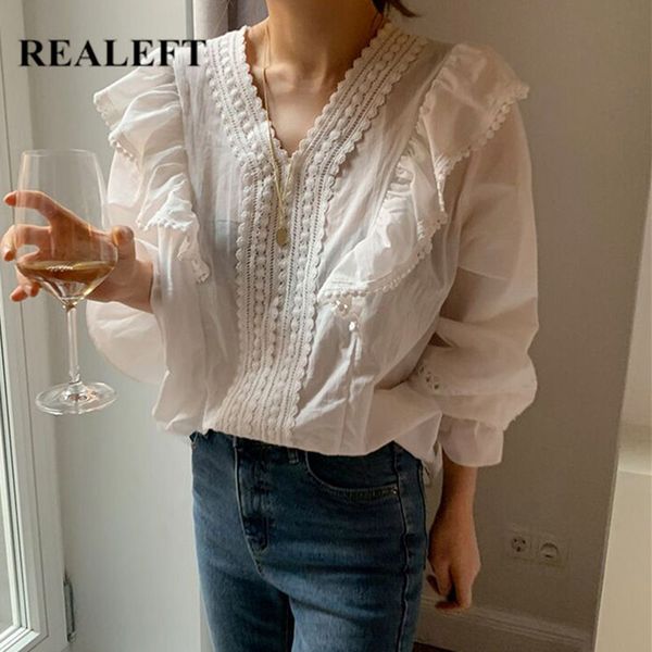 Primavera verão laço crochet patchwork estilo coreano camisa feminina blusa tops ruffles manga comprida blusas elegantes 210428