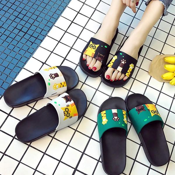 

fashion women slippers summer slides cute cat cartoon platform sandals slip on flip flops beach bathe, Black