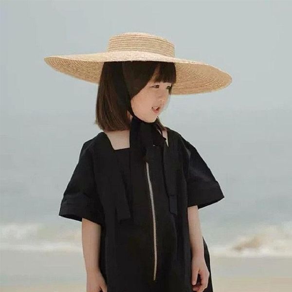 

sold fashion child flat big brim black strap kid wheat straw hat girl catwalk beach boy travel sun protection shade wide hats, Blue;gray
