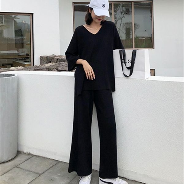 

women's two piece pants knitting female sweater uit for women set knitted pullover v-neck long sleeve bandage wide leg suit 1m, White