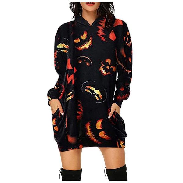 

halloween 3d printed womens long sweater hoodies & sweatshirts small skull hooded long-sleeved women's loose dress comfortable and soft, Black