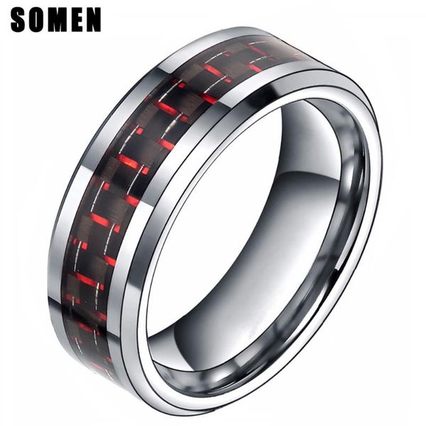 

wedding rings 8mm polished men's tungsten carbide ring red carbon fiber inlay engagement band male jewelry anel anillos bague, Slivery;golden