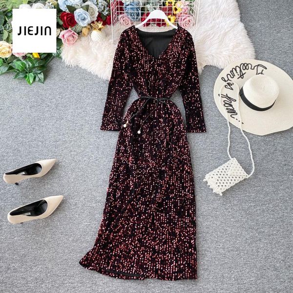 

casual dresses 2021 autumn winter sequins beading women long sleeve dress slim body party red high waist, Black;gray