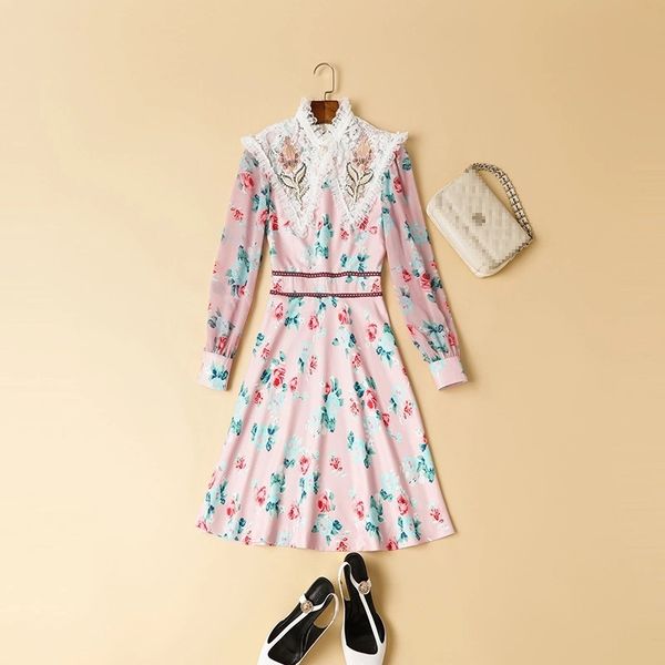 

runway dresses french style lace stitching printed long-sleeved dress obr5, Black